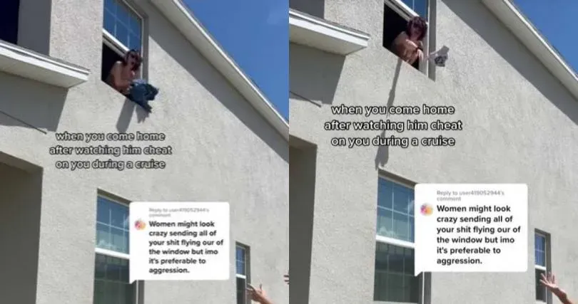 事後女子將男友的個人物品丟出窗外，把男友趕出住處。（合成圖／翻攝自TikTok@kayla.g21）