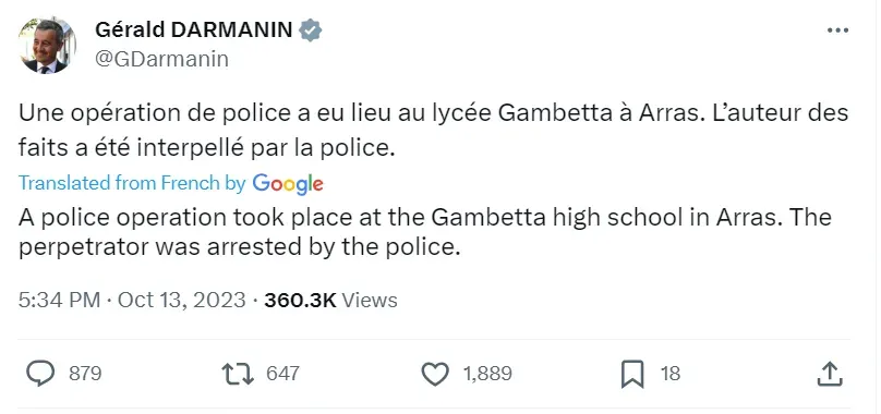 法國內政部長達馬南在社群平台X上表示，校園行兇的兇手已遭警方逮捕。（圖／翻攝自社群平台X）