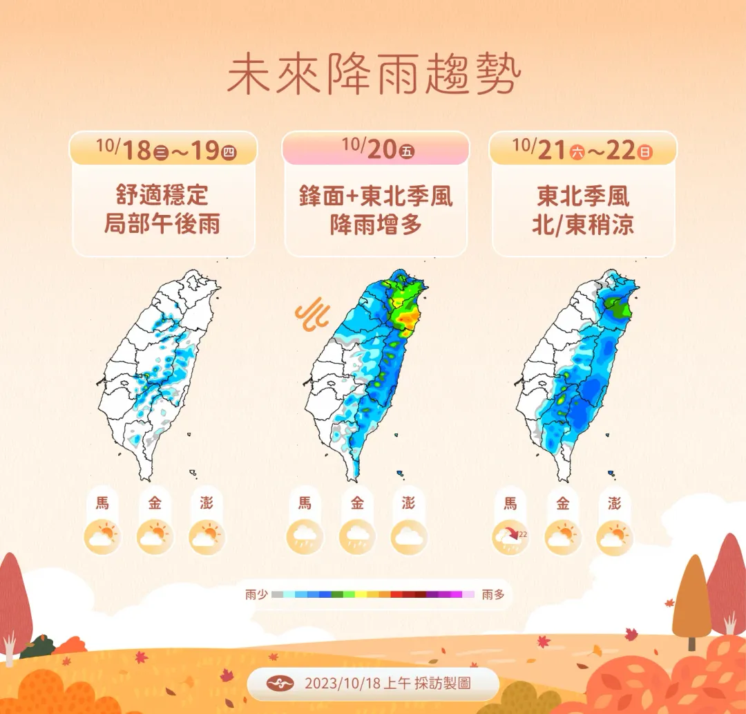 未來一週北台灣和東部降雨機率較高。（圖／中央氣象署提供）