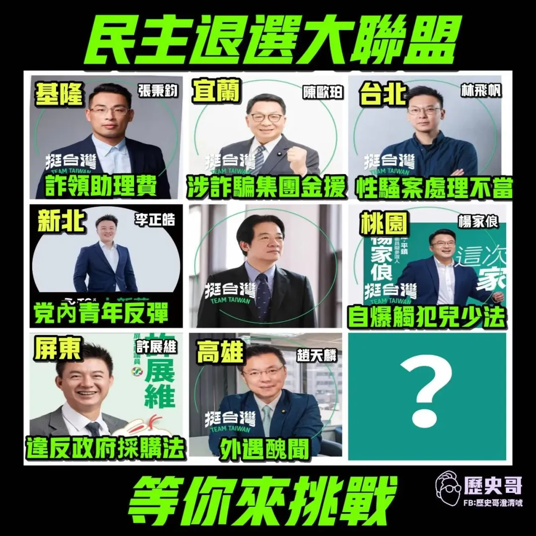 民進黨已有7人退選立委,歷史哥戲稱這是「民主退選大聯盟」。(圖/翻攝自歷史哥粉專)