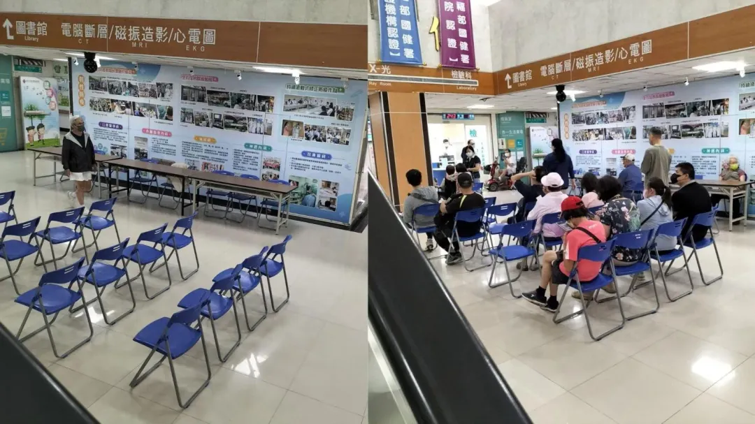 醫院若公布當天疫苗品牌是高端，接種等待區的位子全部是空（左），反之則坐滿等待打疫苗的人。（圖／【蘇一峰】臉書粉專）