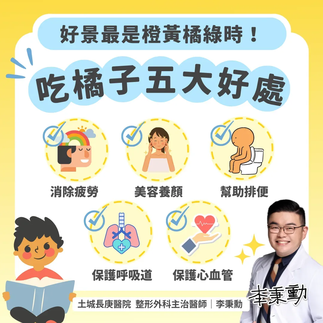 土城長庚醫院整形外科主治醫師李秉勳曾在臉書粉專中發文表示，吃橘子有5大好處。（圖／質感良醫 李秉勳醫師 新北土城整外 抽脂 隆乳 眼袋 拉皮 專業）