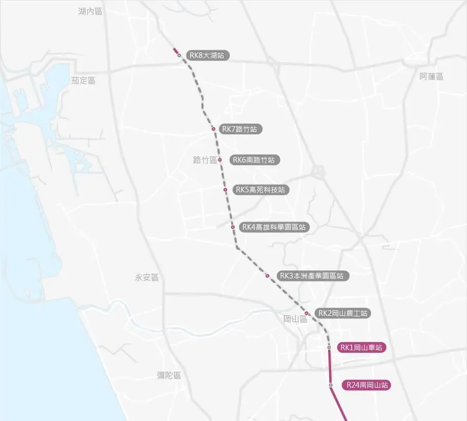 高雄捷運紅線岡山路竹延伸線第1階段從南岡山站往北延伸，新增「岡山車站」站，全長1.46公里，預計明年6月通車。（圖／取自高雄市捷運局網頁）