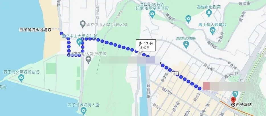 Google地圖顯示，從高雄捷運西子灣站需步行17分鐘才能抵達西子灣海水浴場。（圖／翻攝自Google Maps）