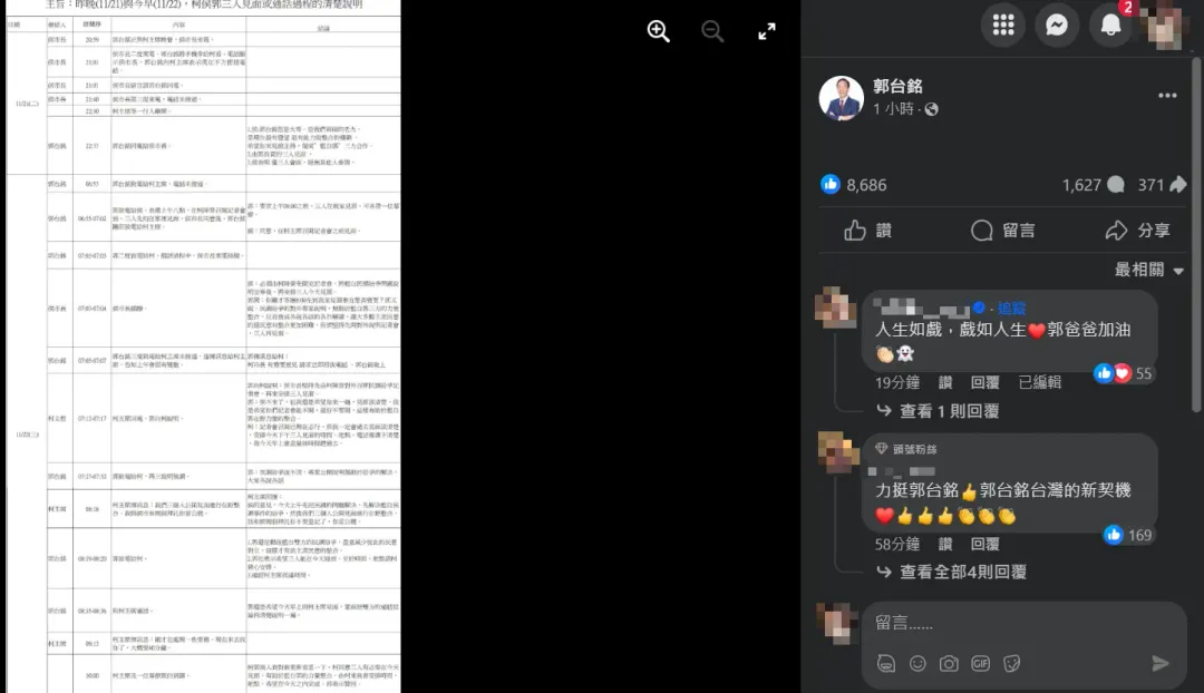 郭台銘在臉書公布3人見面、通話過程的詳細記錄。（圖／翻攝自Facebook@郭台銘）