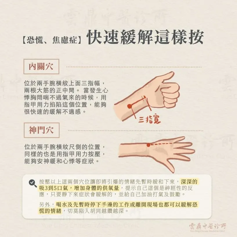 按壓這兩個穴位可以讓即將引爆的情緒暫時緩和。（圖／ 雲鼎中醫提供）