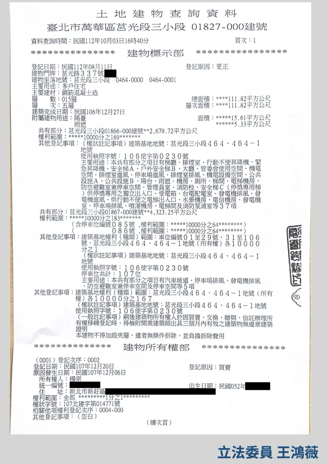 立委王鴻薇今召開記者會，出示照片、土地權狀，揭發賴清德競選辦公室總幹事潘孟安，長期入住綠能廠商「力能能源科技」董事長楊宗名下豪宅，一戶至少要價逾五千萬。(圖/王鴻薇辦公室提供)