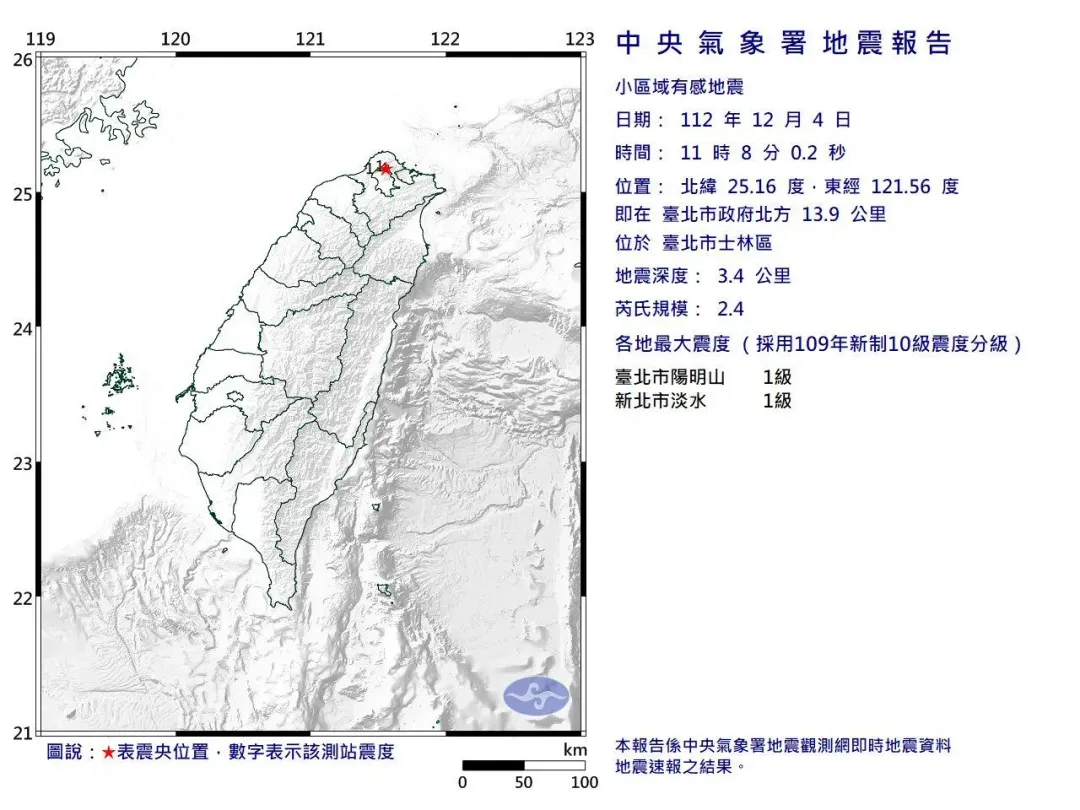 北市今天(4日)上午11時08分發生規模2.4地震。(圖/中央氣象署)