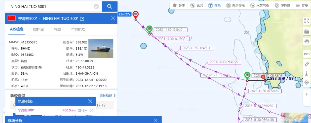 1400噸級大陸籍拖船「寧海拖5001」航跡圖。(圖/TWADIZ提供)