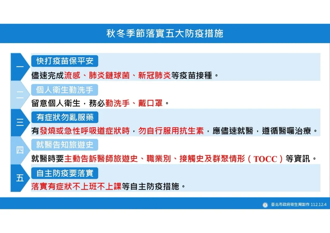 北市衛生局建議民眾落實五大防疫措施。（圖／北市衛生局提供）