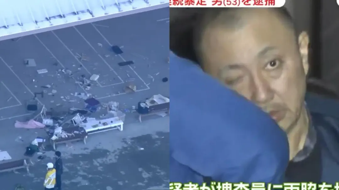 公所外廣場被撞現場一片狼藉, 混亂中有民眾受傷。開車兇嫌移送時還睜眼偷看。（圖／翻攝NNN）