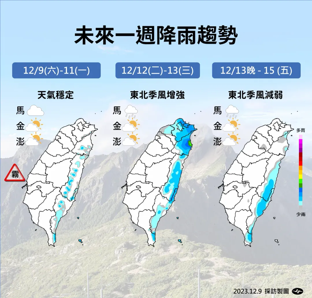 東北季風增強，為北部和東半部地區帶來雨勢。（圖／中央氣象署提供）