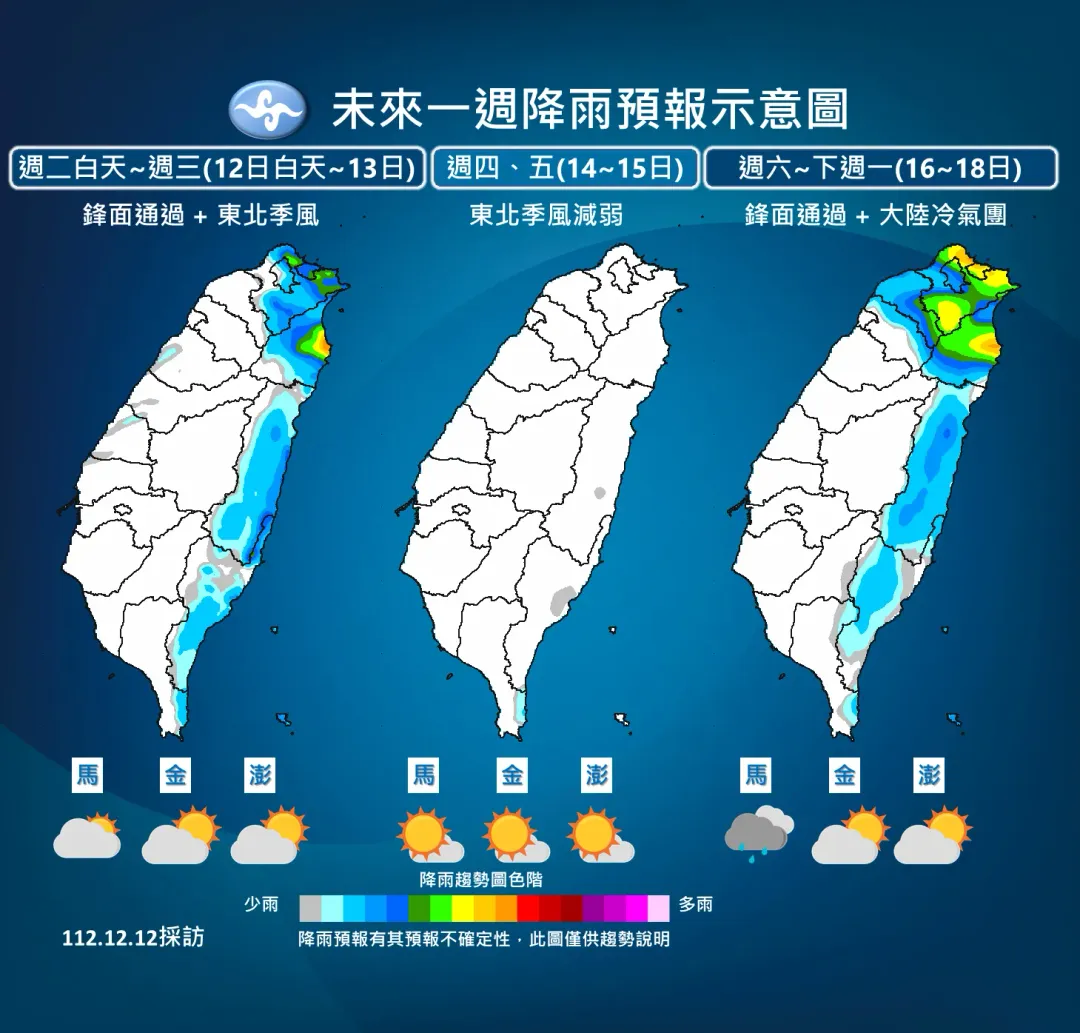 鋒面與大陸冷氣團週末將增加北東降雨量。（圖／中央氣象署提供）