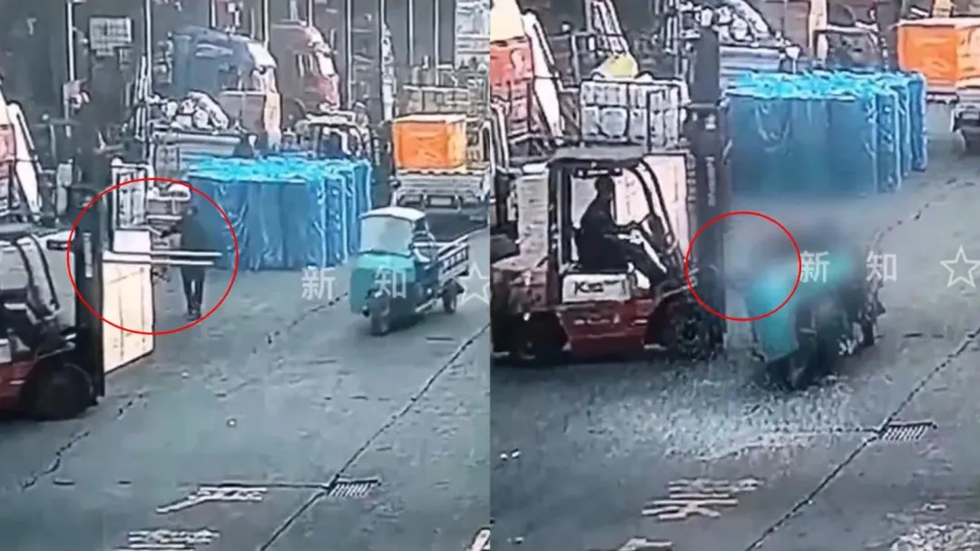 山東男子開堆高機, 不慎將牙叉穿入三輪車, 導致對方重傷昏迷。(圖/翻攝百度)