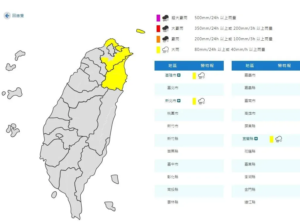 3縣市大雨特報。（圖／中央氣象署）