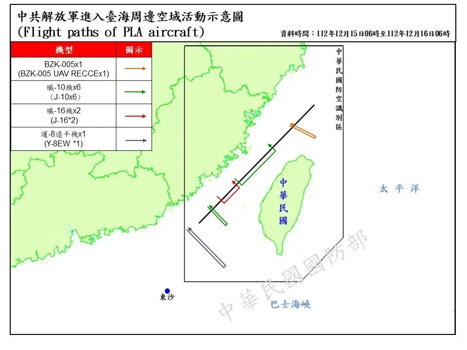 解放軍進入台海周邊空域示意圖。(國防部提供)