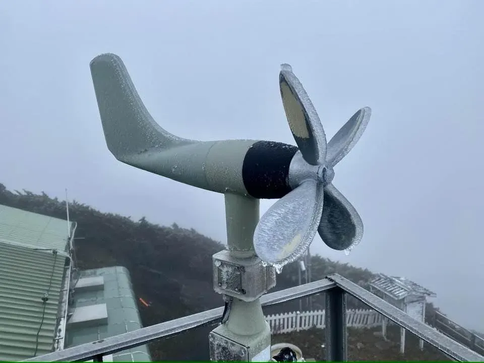 雖然玉山沒有下雪,但「凍雨」也足以讓風標被雨水凍住而停擺。(圖/翻攝自Facebook@鄭明典)