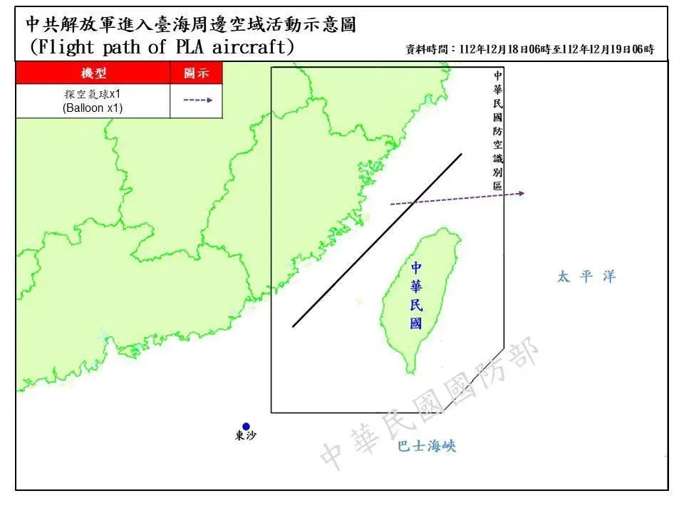國防部公布對岸探空氣球進入台海周邊空域圖（國防部提供）