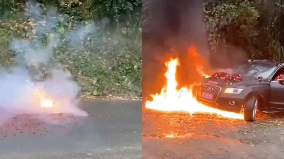 廣西婚禮點燃爆竹,不料遇漏油,讓奧迪禮車瞬間被大火吞噬。 (圖/翻攝百度)