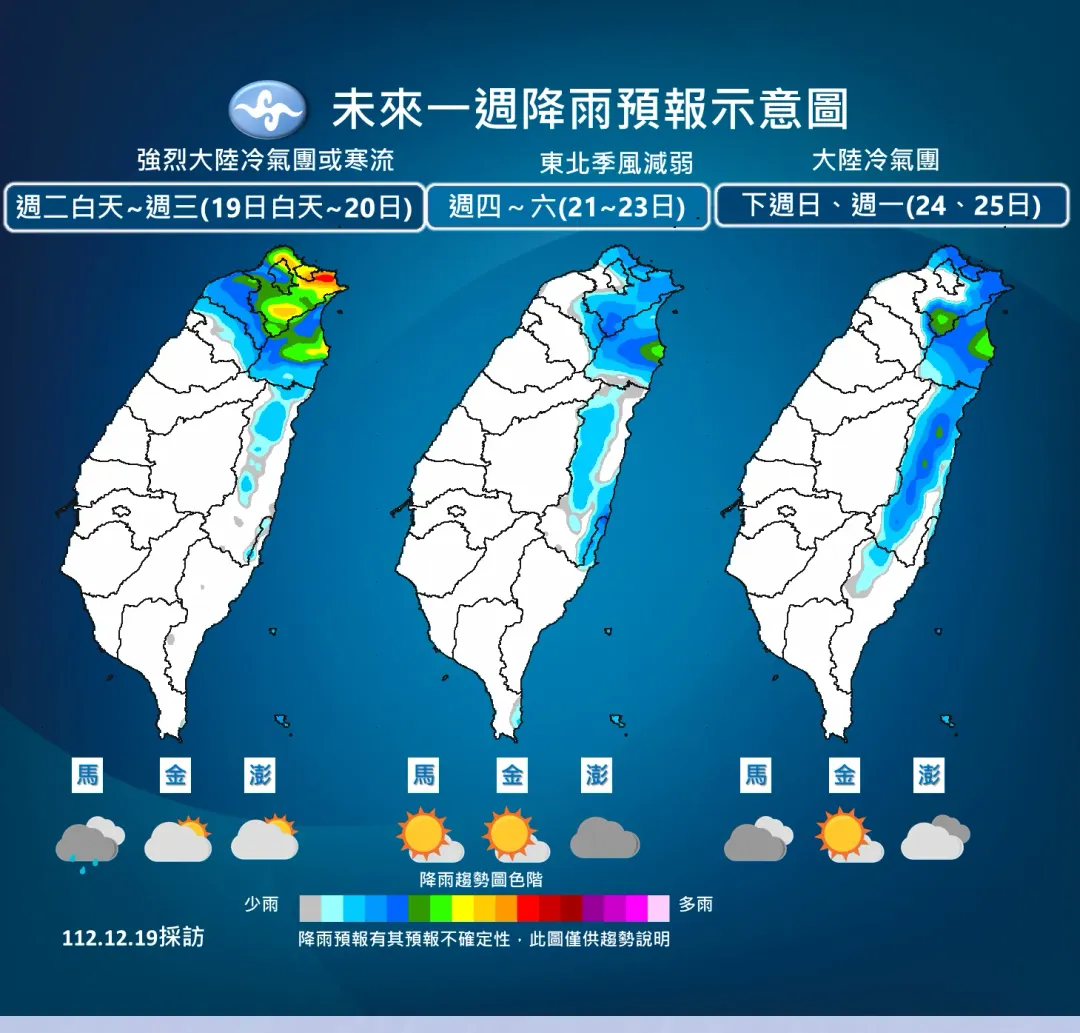 受冷空氣南下影響，19日到20日降雨較明顯，未來雨勢逐日趨緩。（圖／中央氣象署提供）