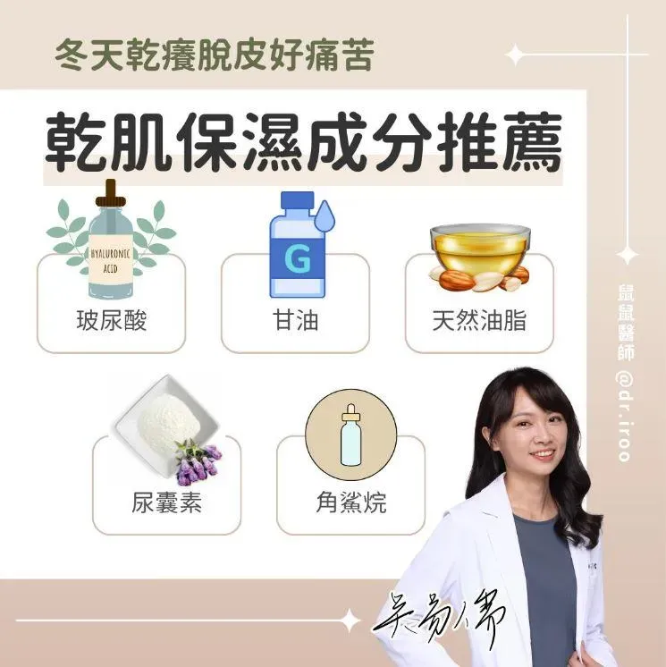 吳易儒介紹五種適合乾肌的保養成分。（圖／新竹台北芳療醫美醫師吳易儒）