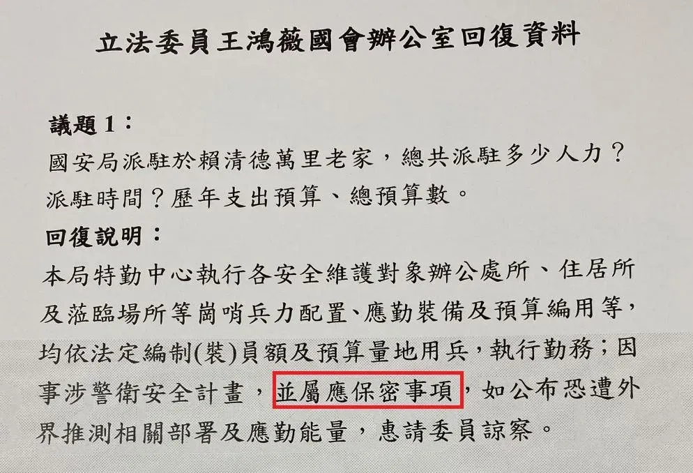 國安局回函表示,派駐賴清德老家的人力與經費相關資料屬於「保密事項」。(圖/翻攝自王鴻薇臉書)