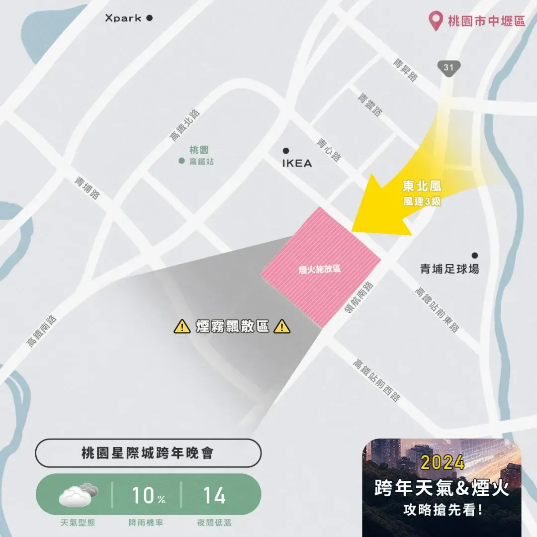 在桃園參加跨年晚會的民眾需注意下風處煙霧瀰漫。（圖／翻攝自Facebook@天氣風險WeatherRisk）