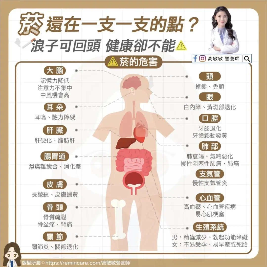 吸菸對身體的傷害。（圖／營養師高敏敏臉書）