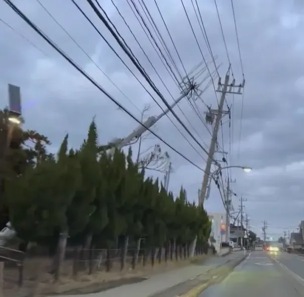 金澤市路邊多處電線桿傾倒在電線上,十分危險。(圖/翻攝自社群平台X)