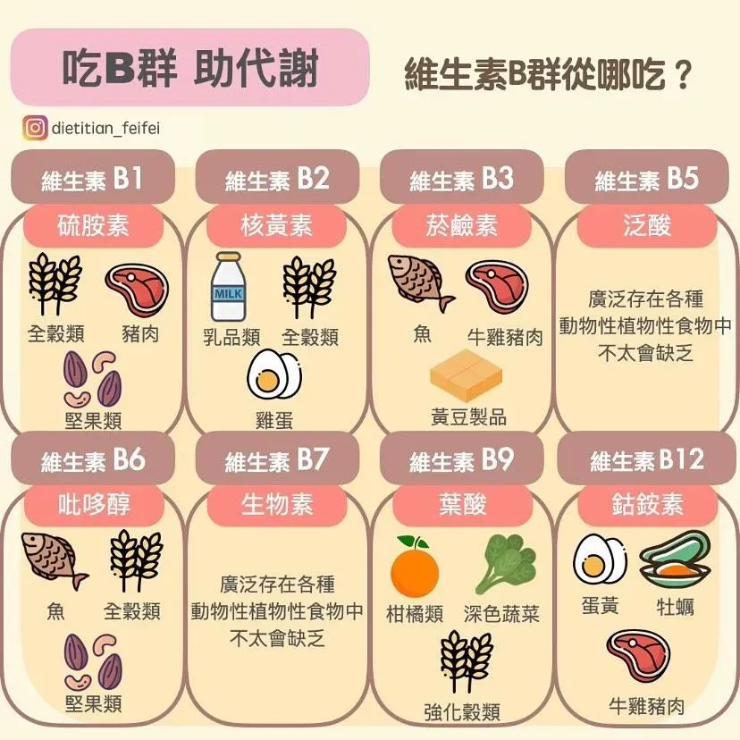 維生素B的食物來源。(圖/營養師菲菲・你的營養師好閨蜜)