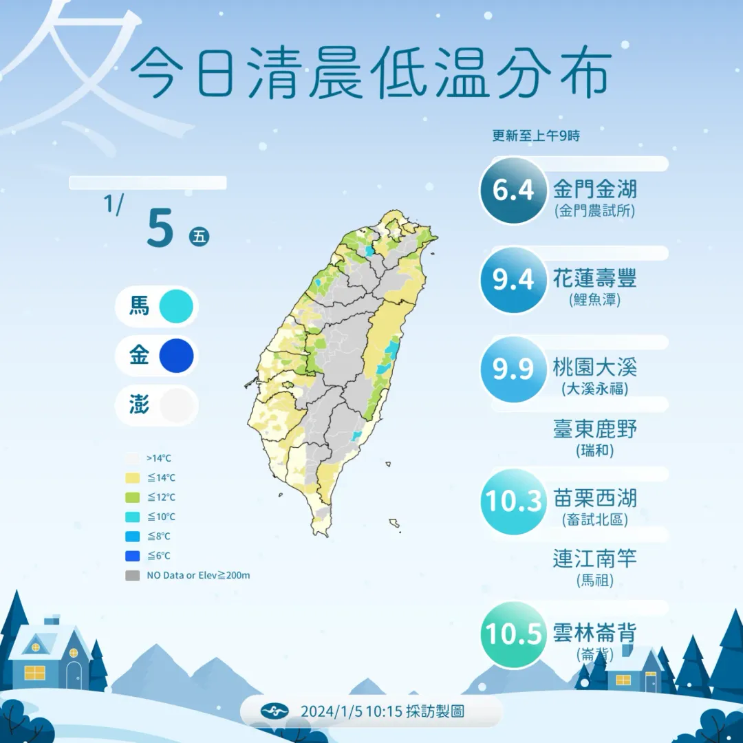 1/5清晨低溫分布圖。（圖／中央氣象署）