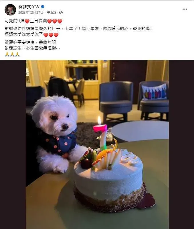 12月27日詹雅雯在社群上曬出愛犬Yume慶生照，感謝愛犬7年來溫暖她的心，療她的傷。（圖／CTWANT）
