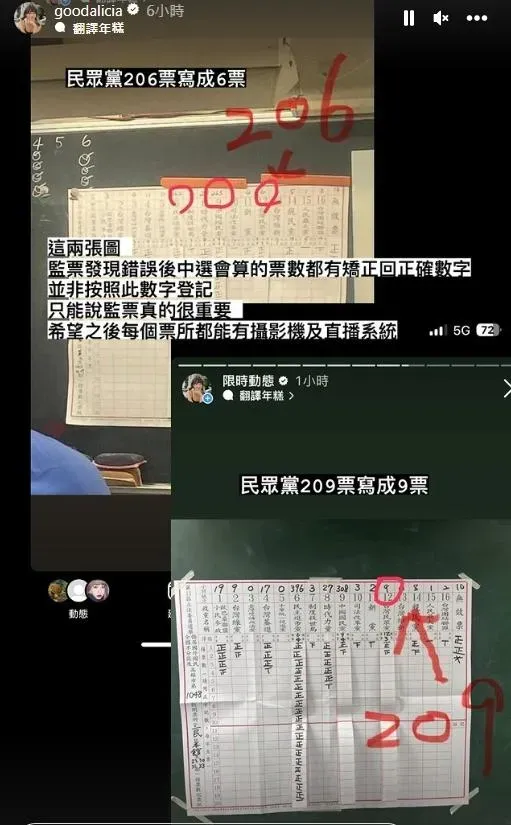 兩個開票所都被民眾抓包數字寫錯。(圖/goodalicia IG)