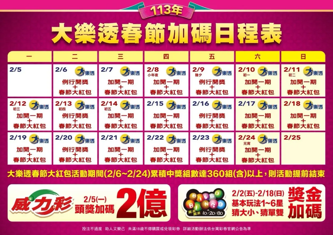 大樂透春節加碼日程表。（圖／台彩FB）