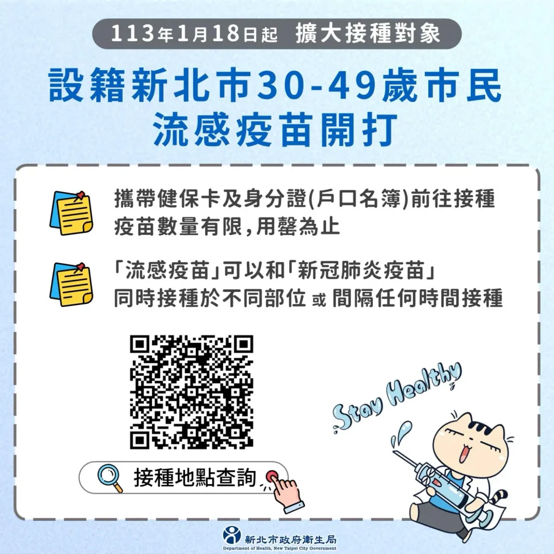 18日起開放設籍新北30至49歲市民接種新北公費流感疫苗，市民可攜帶健保卡及身分證前往29區衛生所接種疫苗。（圖／北市衛生局）