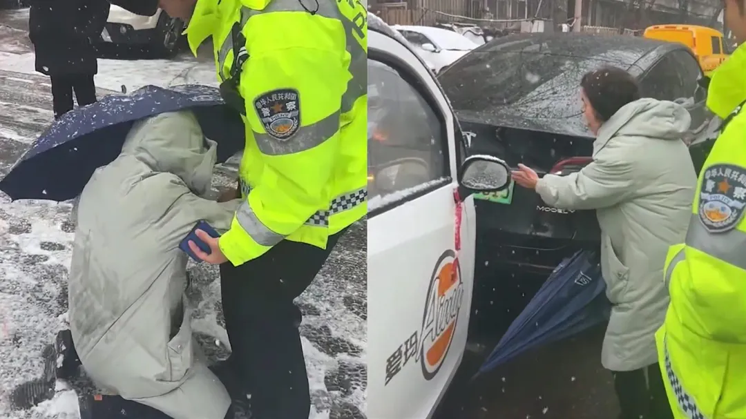 看完行車紀錄器，大媽「反轉」抱警大腿哭求饒。（圖／翻攝星視頻）