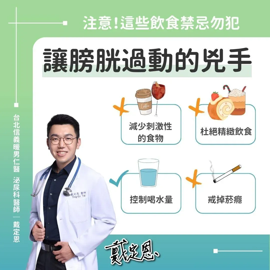 戴定恩列出四點容易誘發膀胱過動的飲食禁忌。（圖／熱血暖男 戴定恩醫師｜台北 文山 新店 泌尿科 疝氣 結石 攝護腺專業）