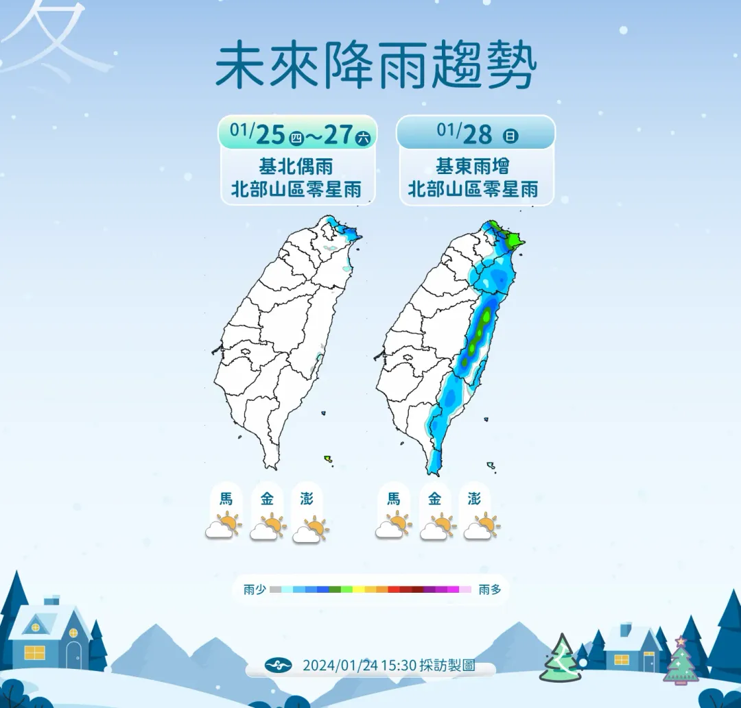 週末迎風面地區有局部短暫雨。（圖／中央氣象署）