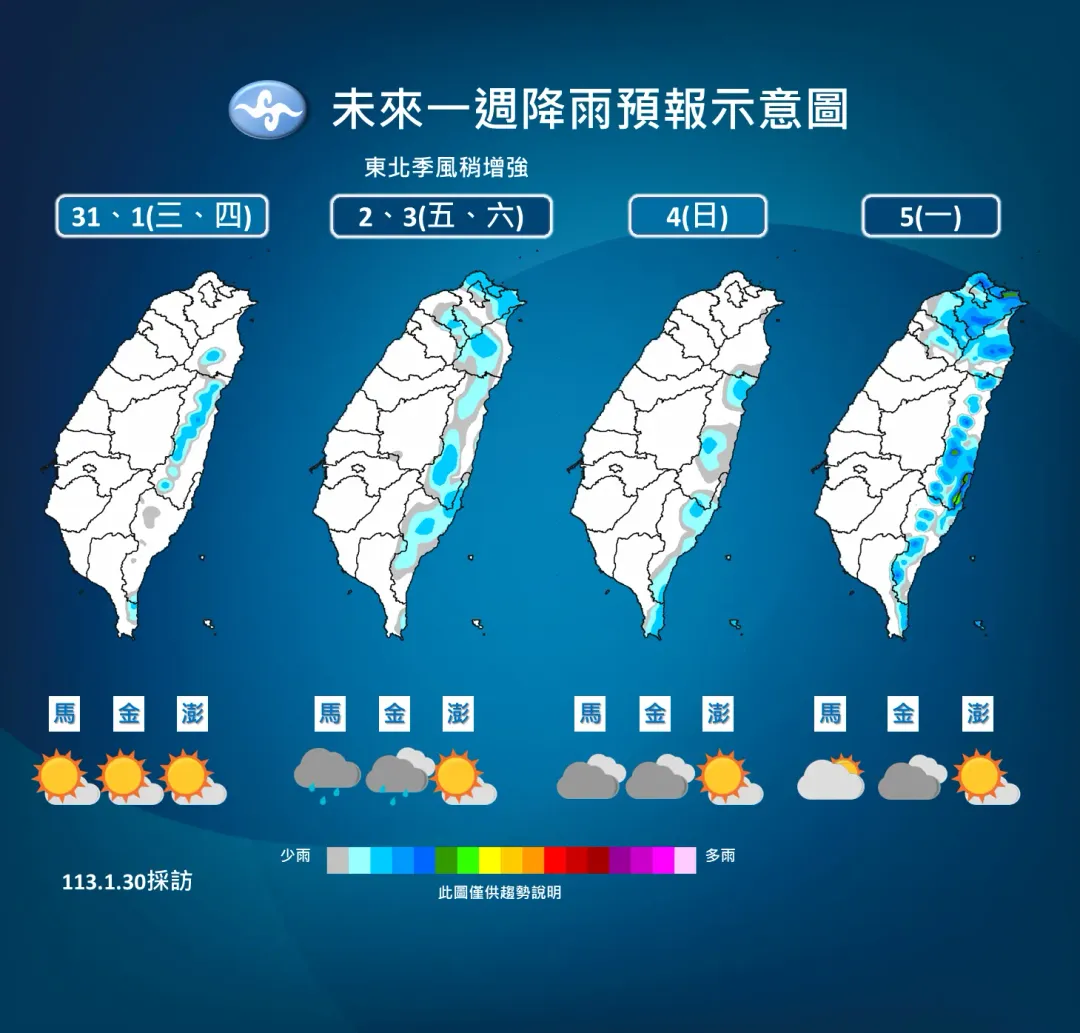 東北季風增強期間,迎風面北部、東部雨量較多。(圖/中央氣象署提供)