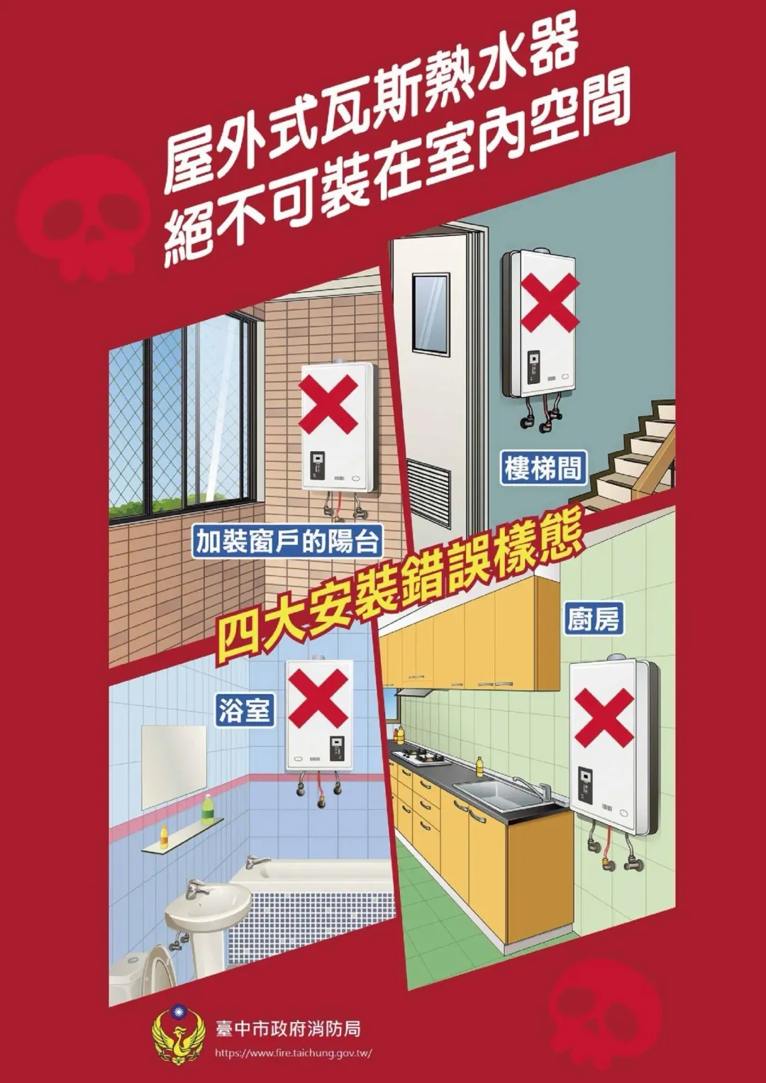 台中市消防局提醒熱水器不可安裝在室內。(圖/翻攝畫面)