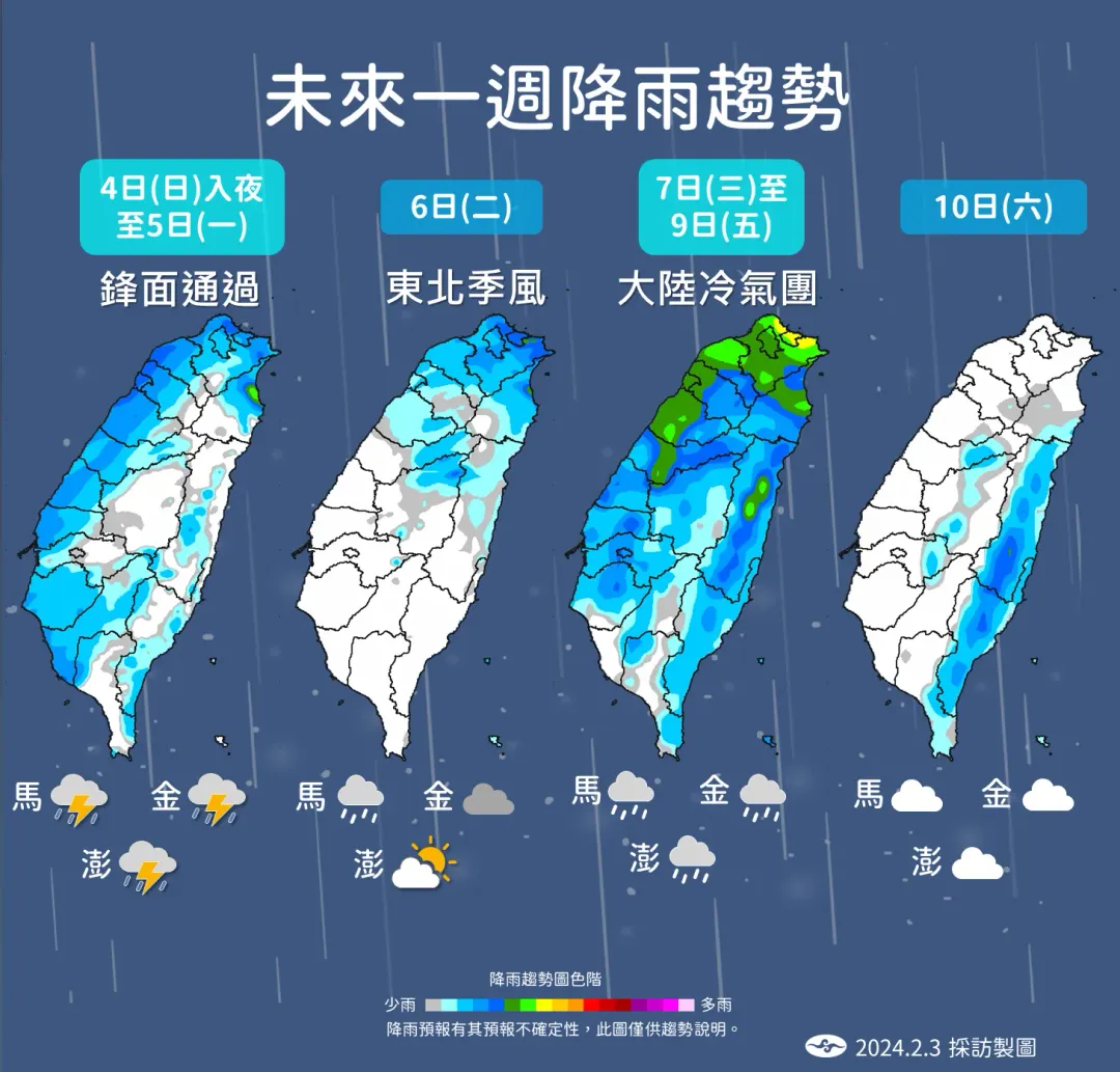 鋒面、東北季風和大陸冷氣團帶來濕冷天氣。（圖／中央氣象署提供）