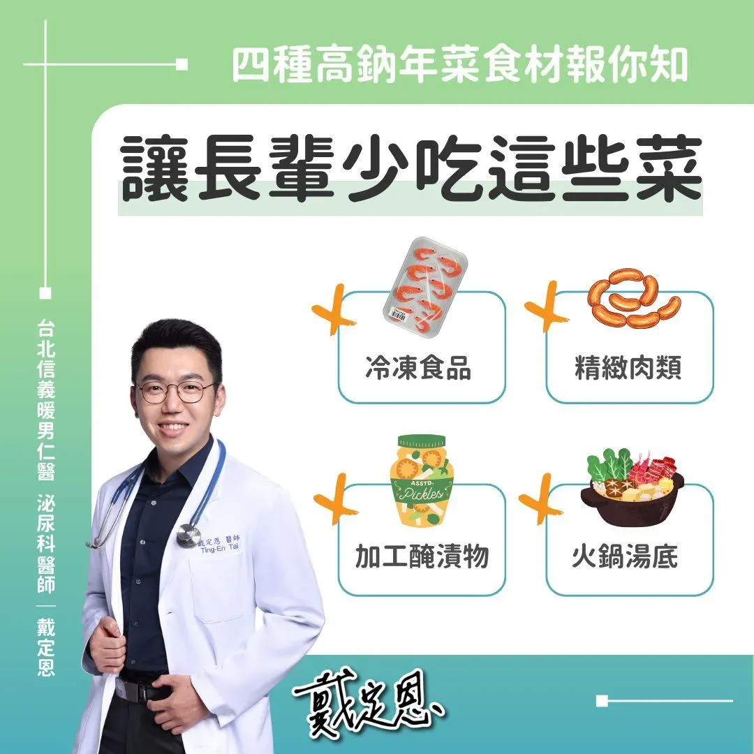 過年長輩少吃這些東西。(圖/熱血暖男 戴定恩醫師|台北 文山 新店 泌尿科 疝氣 結石 攝護腺專業)