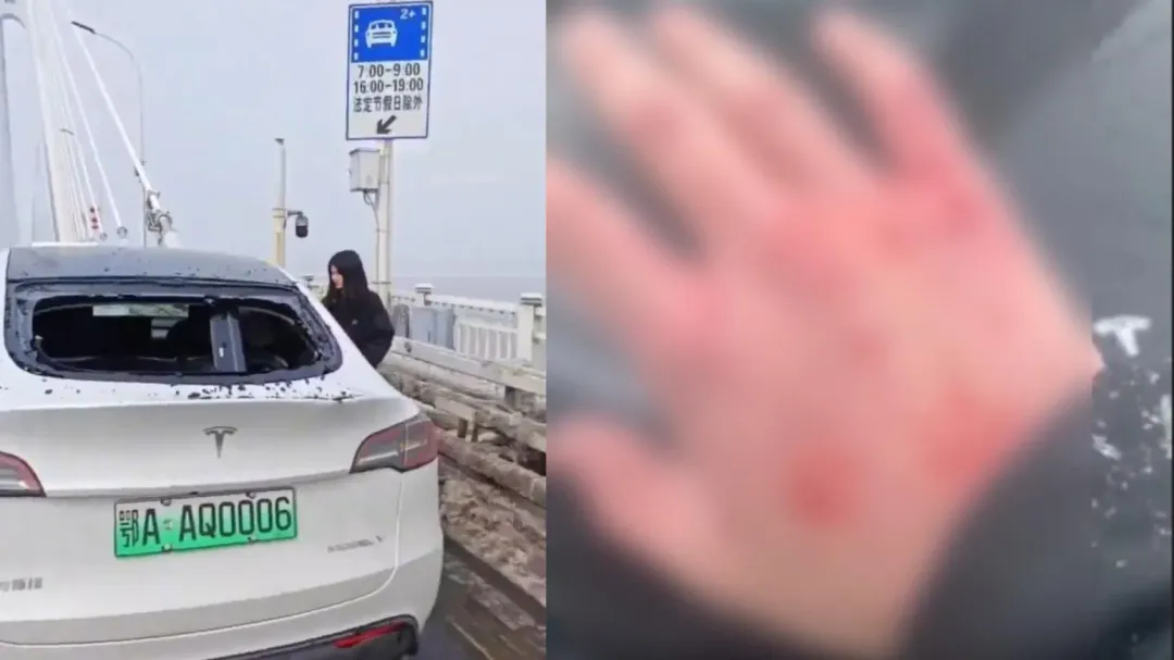 多車遭冰柱雨埋伏狠擊，有駕駛流血受傷。（圖／翻攝微博）