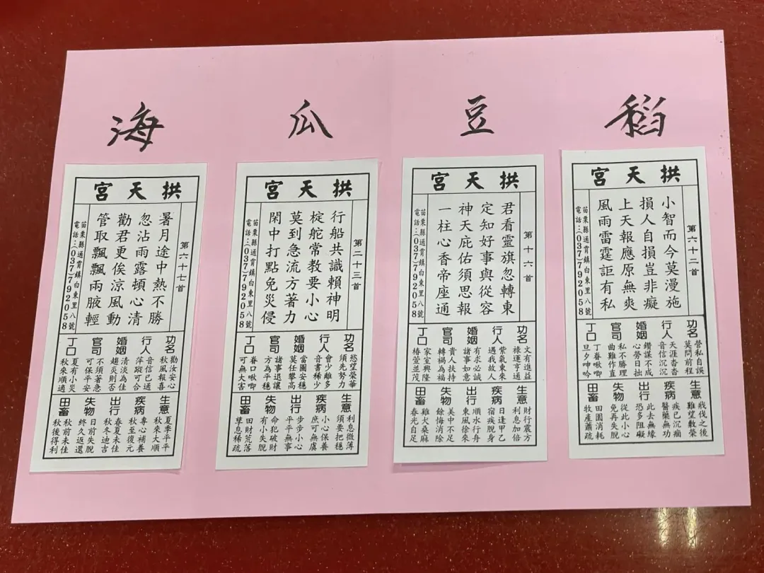 白沙屯拱天宮每年會抽出「稻、豆、瓜、海」四張公籤。（圖／白沙屯拱天宮）