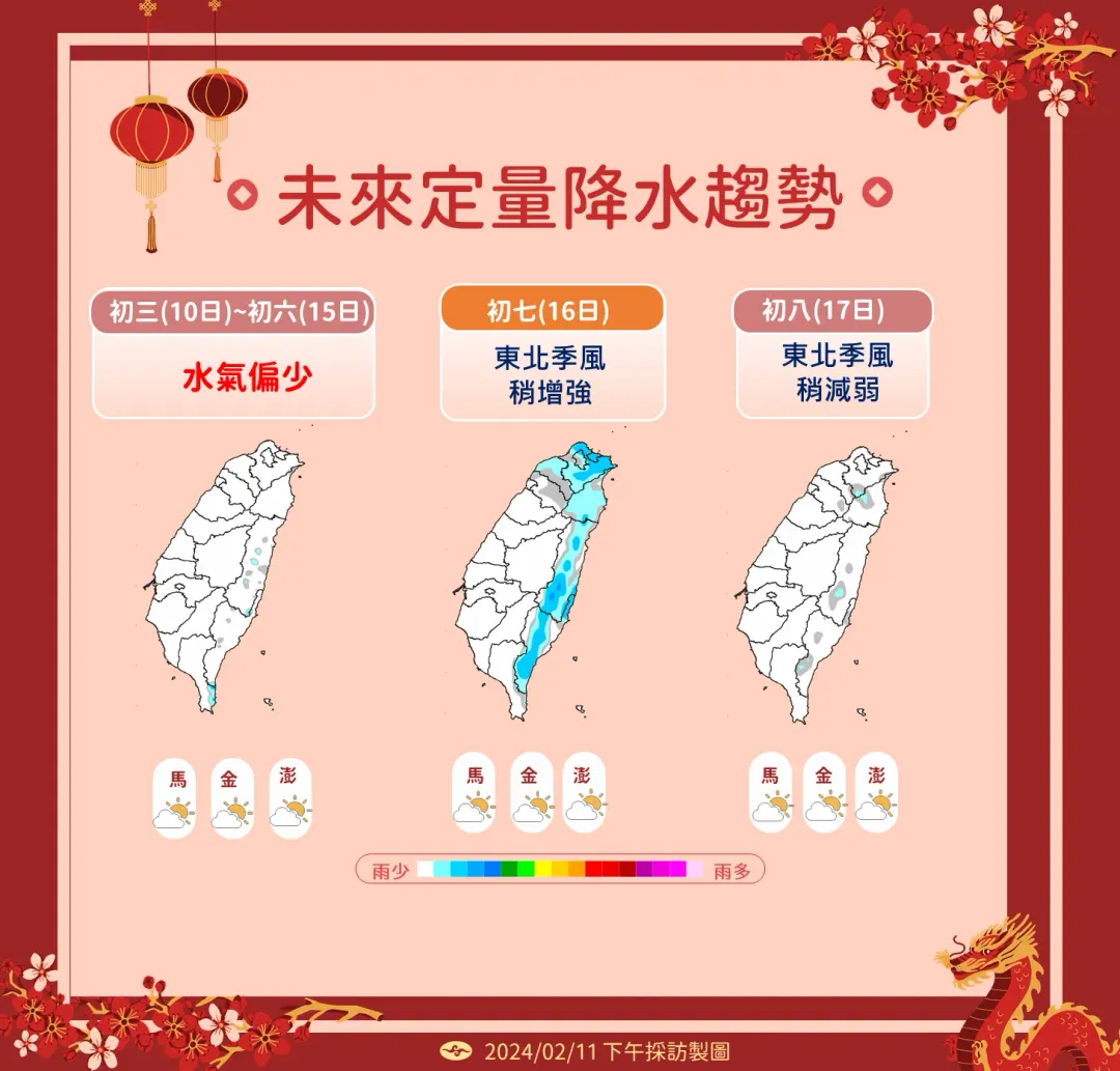 受東北季風增強影響，迎風面的北部、東半部將出現雨勢。（圖／中央氣象署提供）