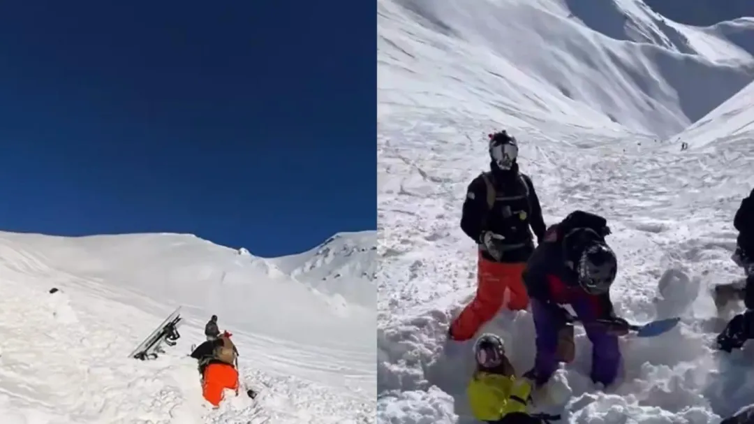 多名雪友趴在雪堆上徒手開挖救人。(圖/翻攝青蜂俠)