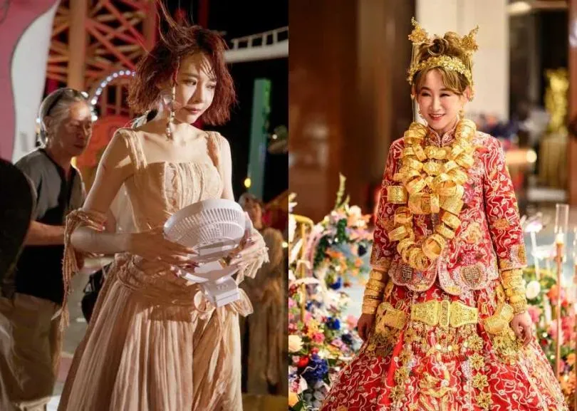 林明禎(左)、王菀之在《飯戲攻心2》各自的新娘造型相當有「笑」果。(圖/華映提供)
