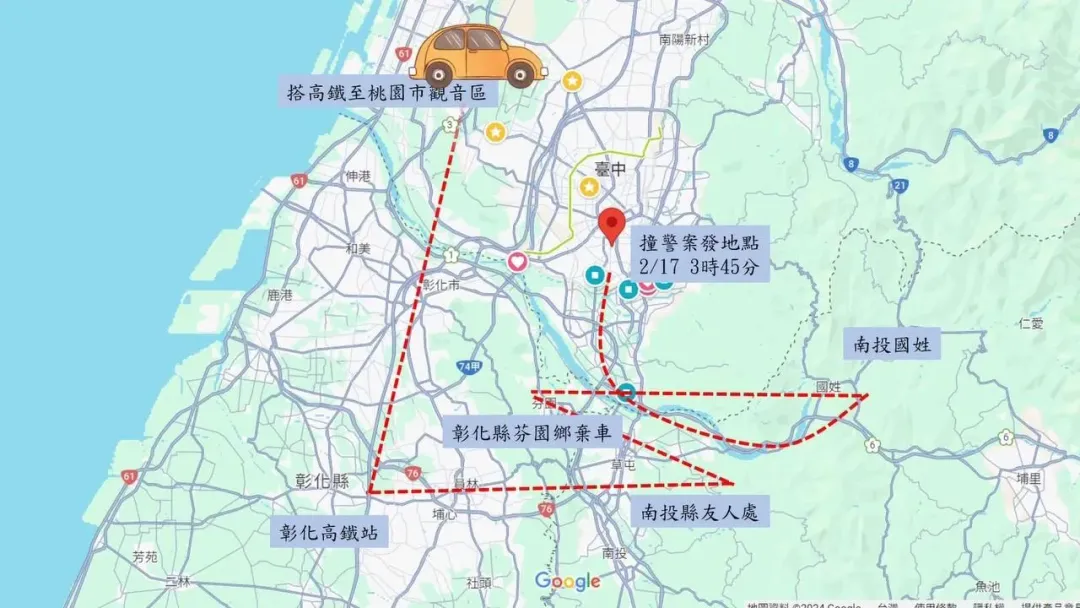 卓嫌在中、彰、南及北部等地區不斷躲藏，仍被警方查出逃逸路線。（圖／中天新聞）