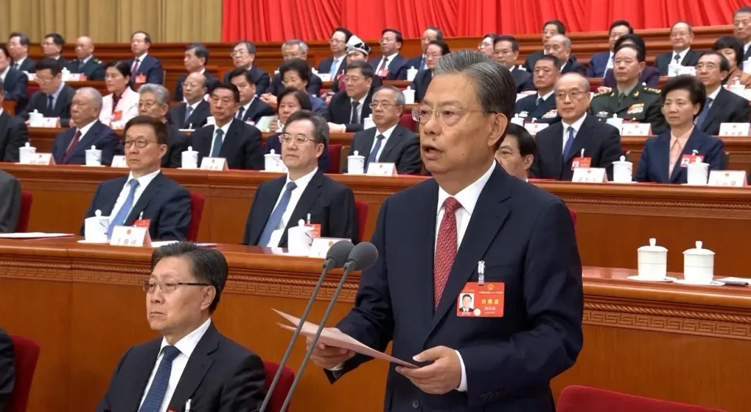 各項表決結束後，由人大委員長趙樂際發表講話。（圖／央視）