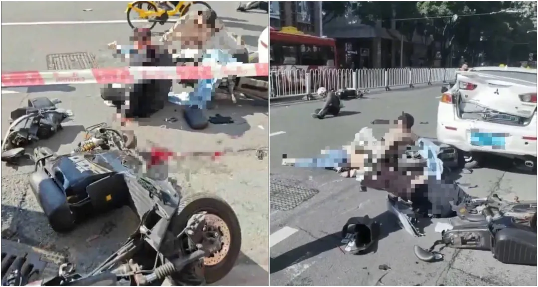 多名電動車騎士遭追撞，至少11人被波及受傷。（圖／翻攝微博）